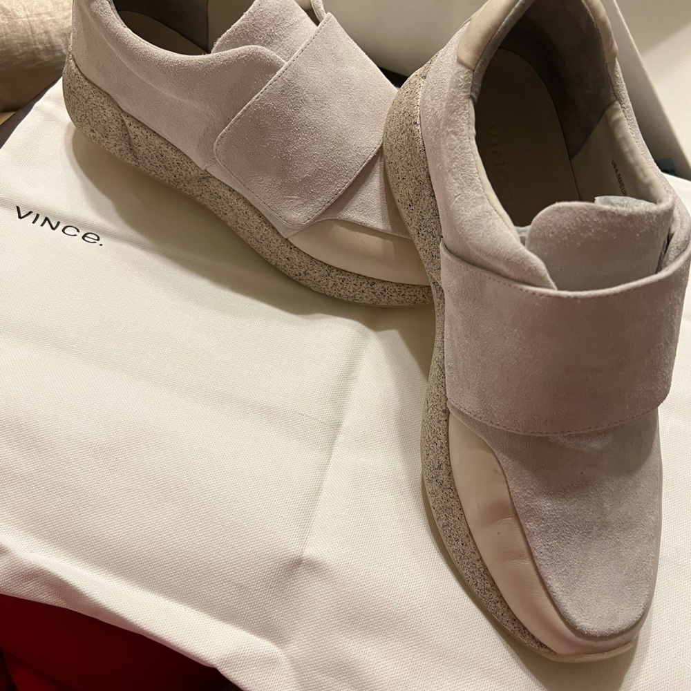 Vince slip on white suede speckled platform heel w/adjustable wrap over closure - Picture 3 of 11
